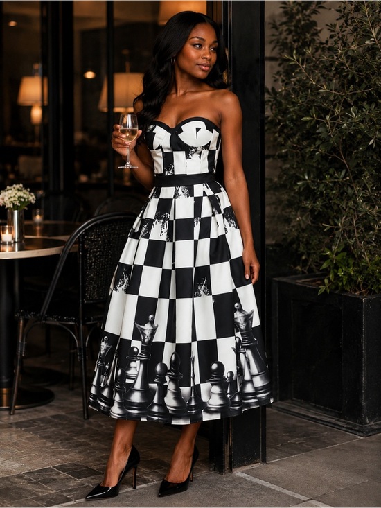 Dresses & Skirts - Strapless Chess-Print Midi Dress in Black and White